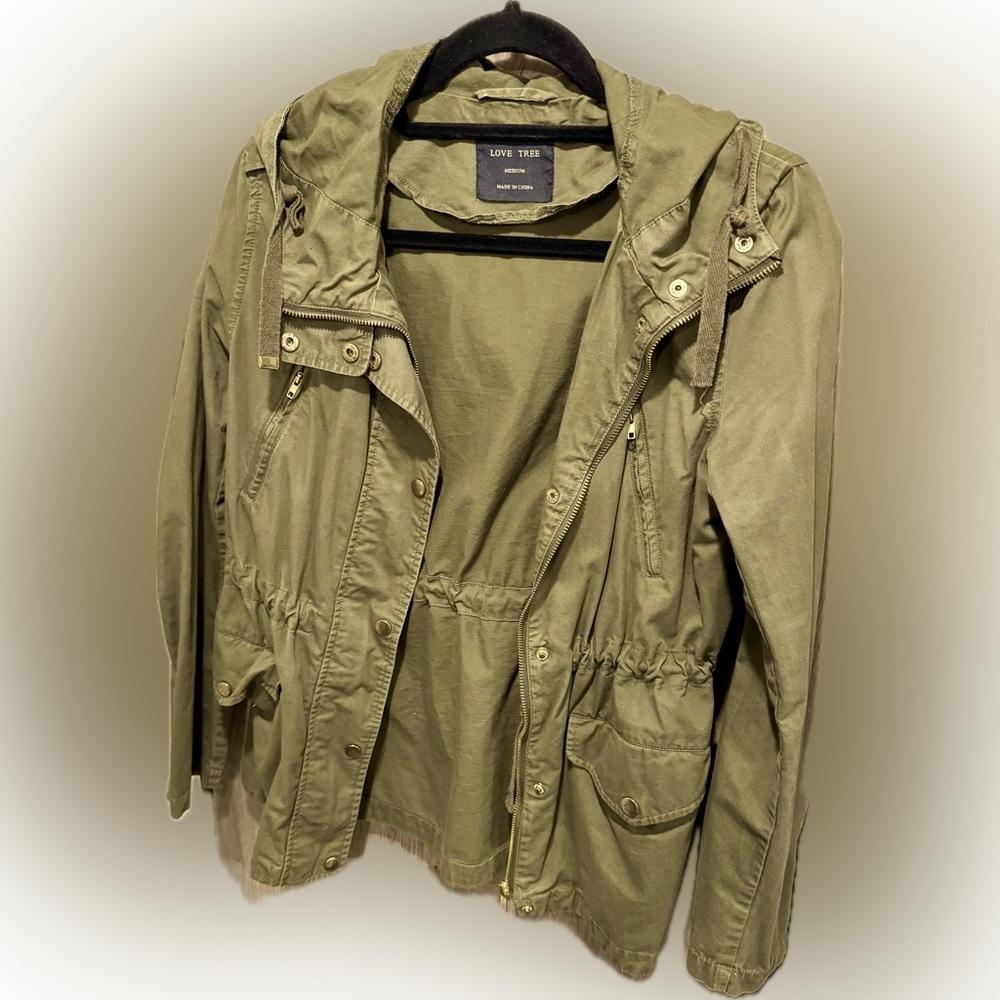 Love Tree army green 100% cotton utility style hooded jacket size M
